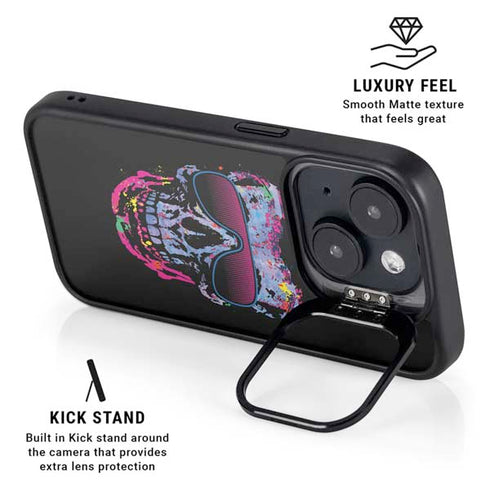 Liquid Blue Neon Skull with Glasses iPhone 14 Kickstand Case